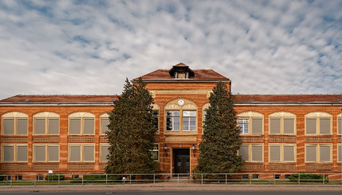 Een foto van een klassiek schoolgebouw met schaapjeswolken op de achtergrond en twee grote sparren Freunde machen aus einer 92 000-Euro-Schule ein millionenschweres Geschäft