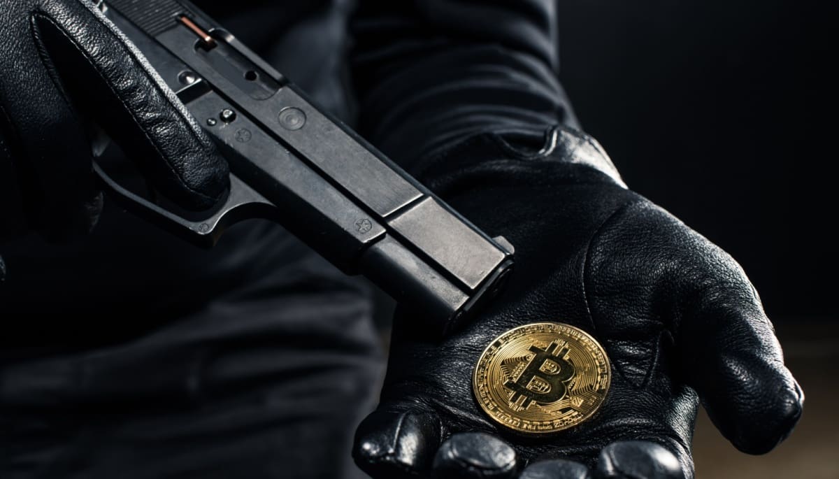 Ein bewaffneter Räuber hält eine Bitcoin-Münze in der Hand.