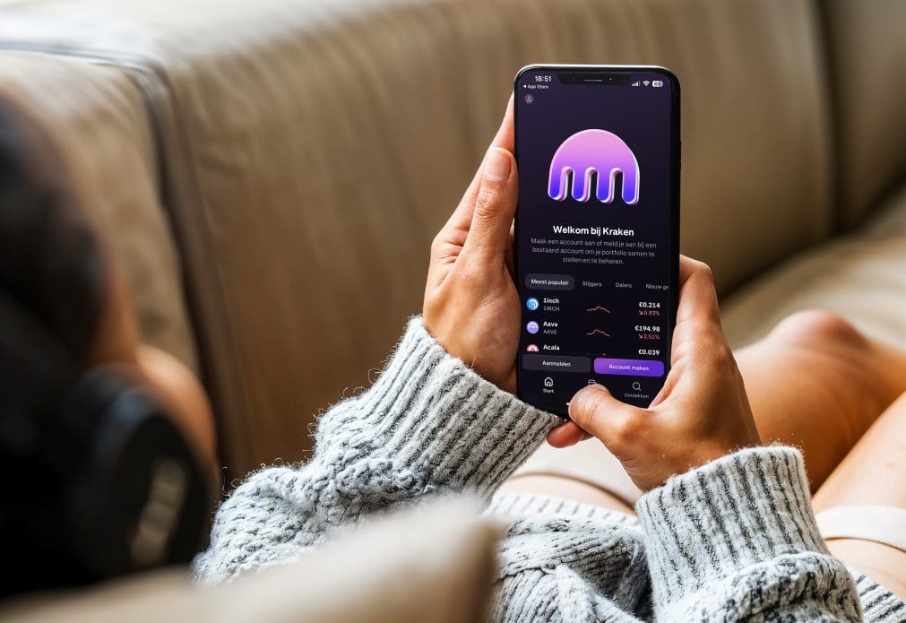 Frau auf der Couch mit einem Telefon und der Kraken-App