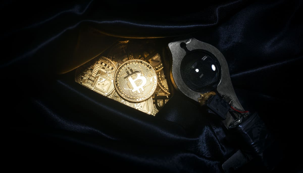 Ein Bild von Bitcoin-Münzen in einer Wochenendtasche, die oft bei Raubüberfällen benutzt wird, und eine Lupe, um die Sache genauer zu betrachten.