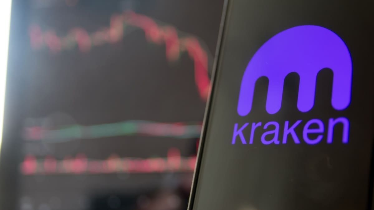 Das Kraken-Logo mit einer Grafik im Hintergrund