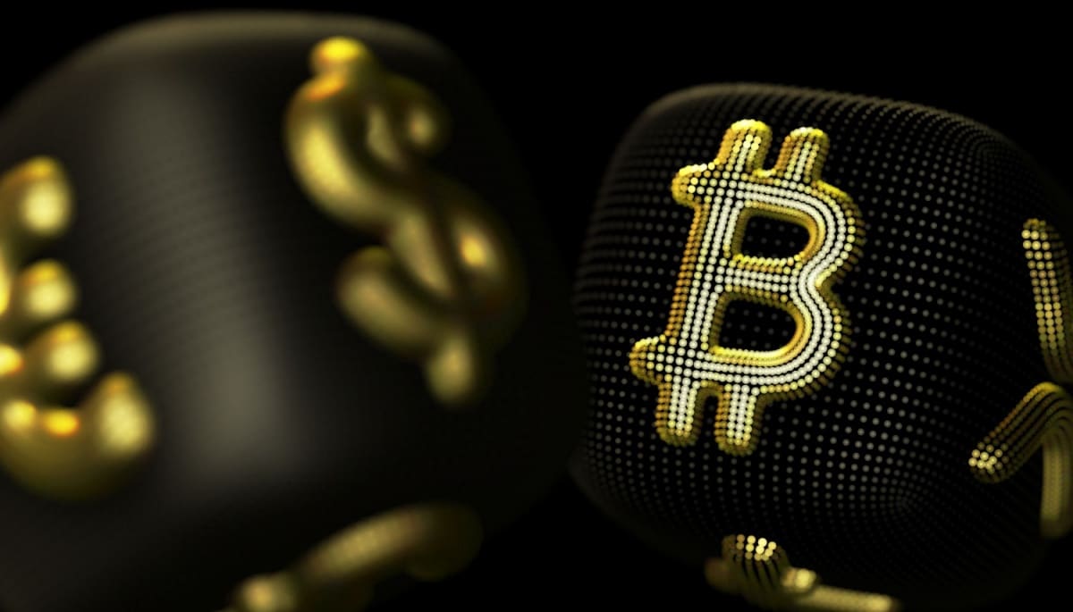 Bild einer digitalen Umgebung mit einem Bitcoin- und einem Dollarzeichen