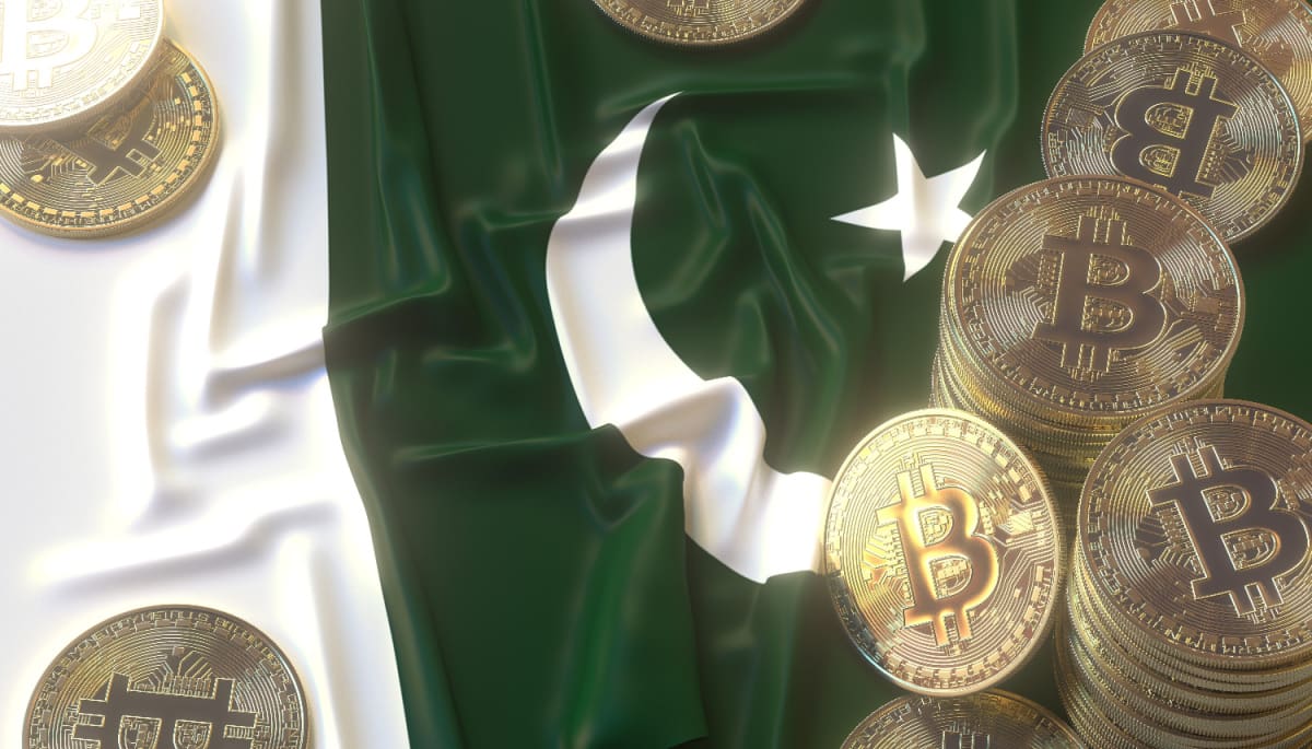 Die Flagge Pakistans mit mehreren Bitcoin (BTC)-Münzen