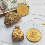 Ein Bild von Bitcoin und Gold mit Dollar und einer Grafik