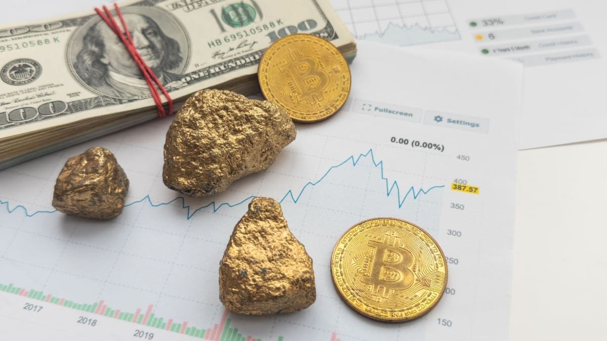 Ein Bild von Bitcoin und Gold mit Dollar und einer Grafik