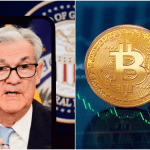 Bitcoin-Münzen und Jerome Powell von der Fed