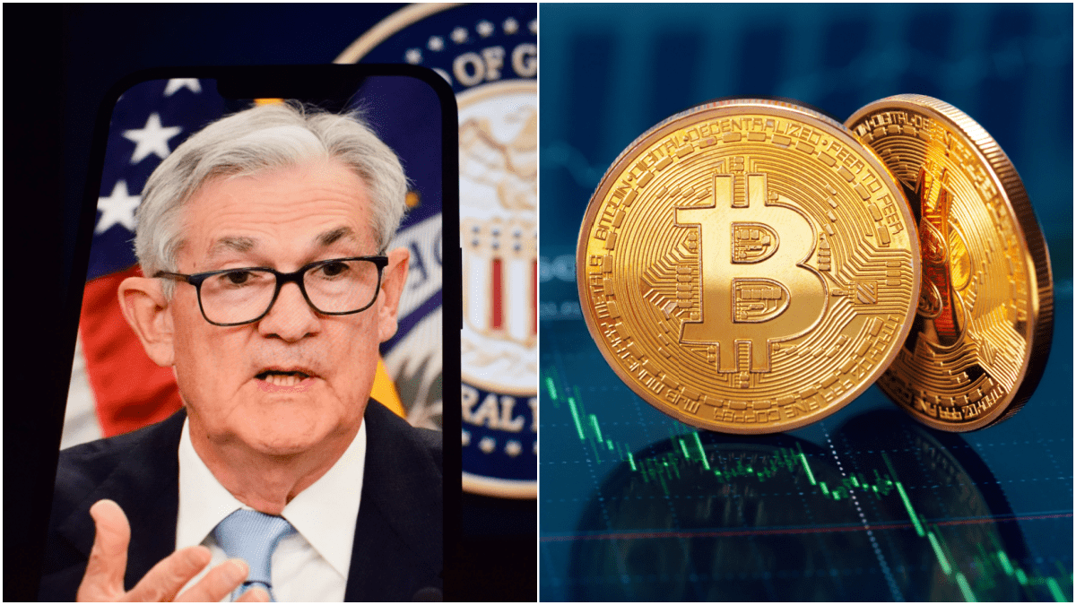 Bitcoin-Münzen und Jerome Powell von der Fed