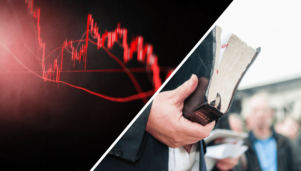 Een afbeelding van een dalende crypto of aandelen koers aan de linkerkant en aan de rechterkant een pastoor met een bijbel in zijn hand