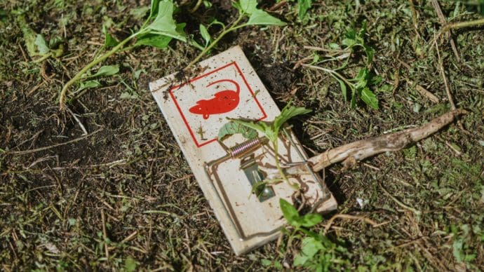 Ein Bild von einer Mausefalle, die im Gras versteckt ist