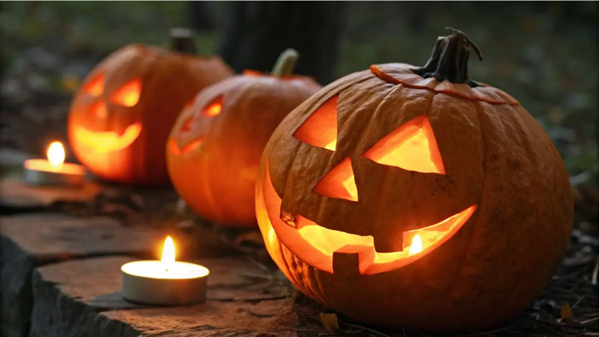 Ein Bild von beleuchteten Kürbissen, in die gruselige Gesichter für Halloween geschnitzt wurden.