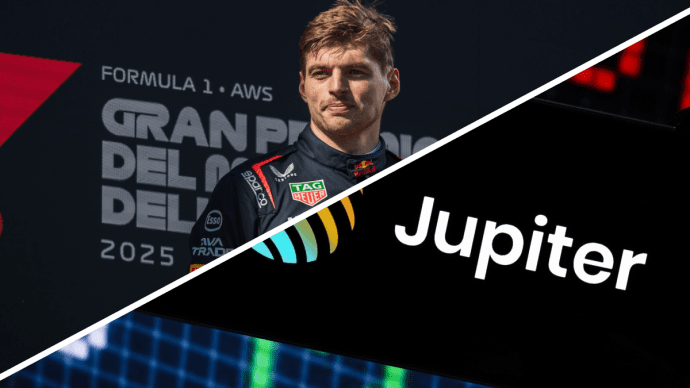Een split image van Max Verstappen en cryptobeurs Jupiter dat is gebouwd op Solana Ein Split-Bild von Max Verstappen und der Kryptobörse Jupiter, die auf Solana basiert.