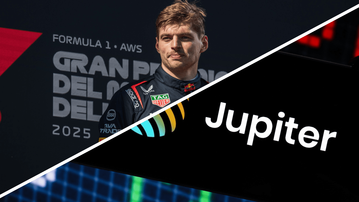Een split image van Max Verstappen en cryptobeurs Jupiter dat is gebouwd op Solana Ein Split-Bild von Max Verstappen und der Kryptobörse Jupiter, die auf Solana basiert.