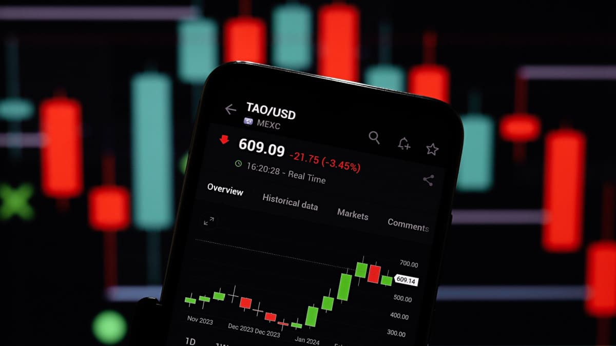 Een afbeelding van de pagina van bittensor op een cryptobeurs, met daarbij een hard stijgende koers Die Bittensor-Währung steigt nach ihrem Börsengang um 23 %