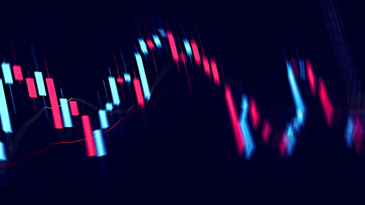 Een afbeelding van een stuiterende volatiele candle chart grafiek van de koers van een crypto zoals bitcoin of ethereum, groen en rood