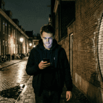 Jongeman loopt op straat met bitcoin grafiti op muur - AI-generated