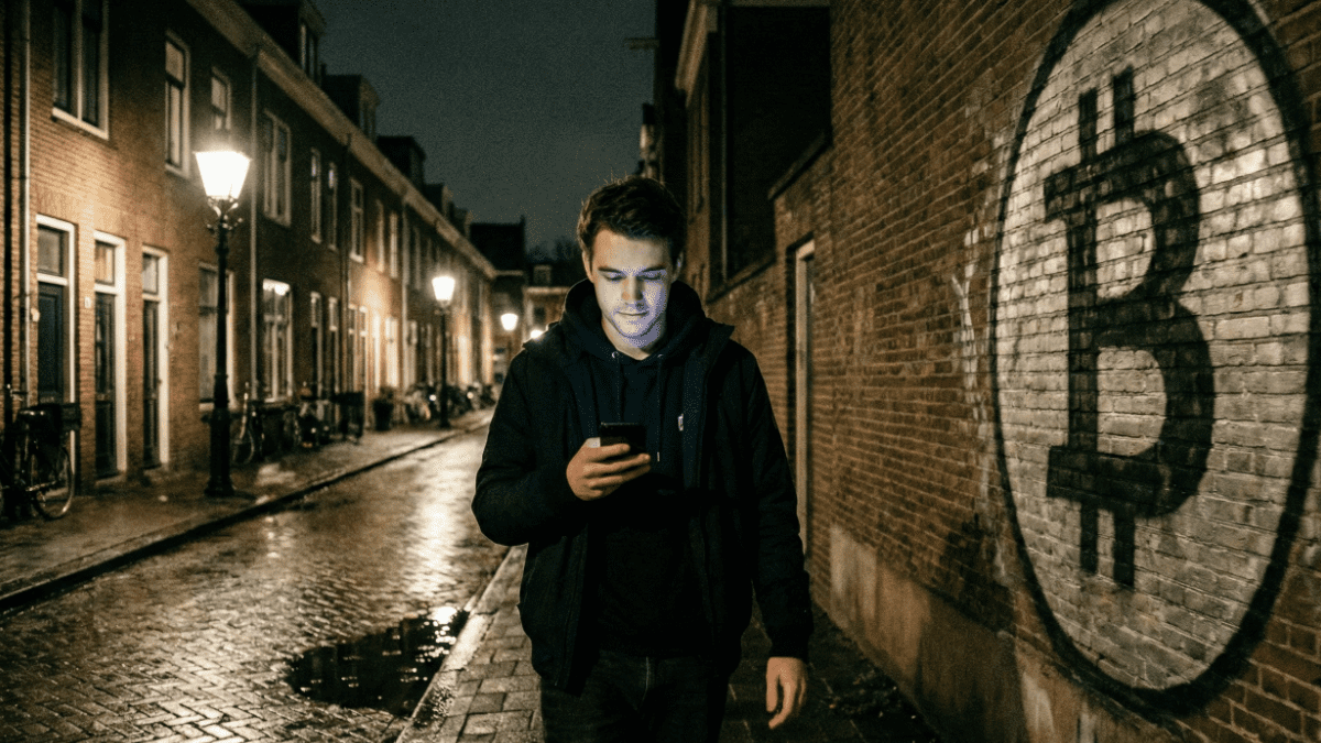 Jongeman loopt op straat met bitcoin grafiti op muur - AI-generated