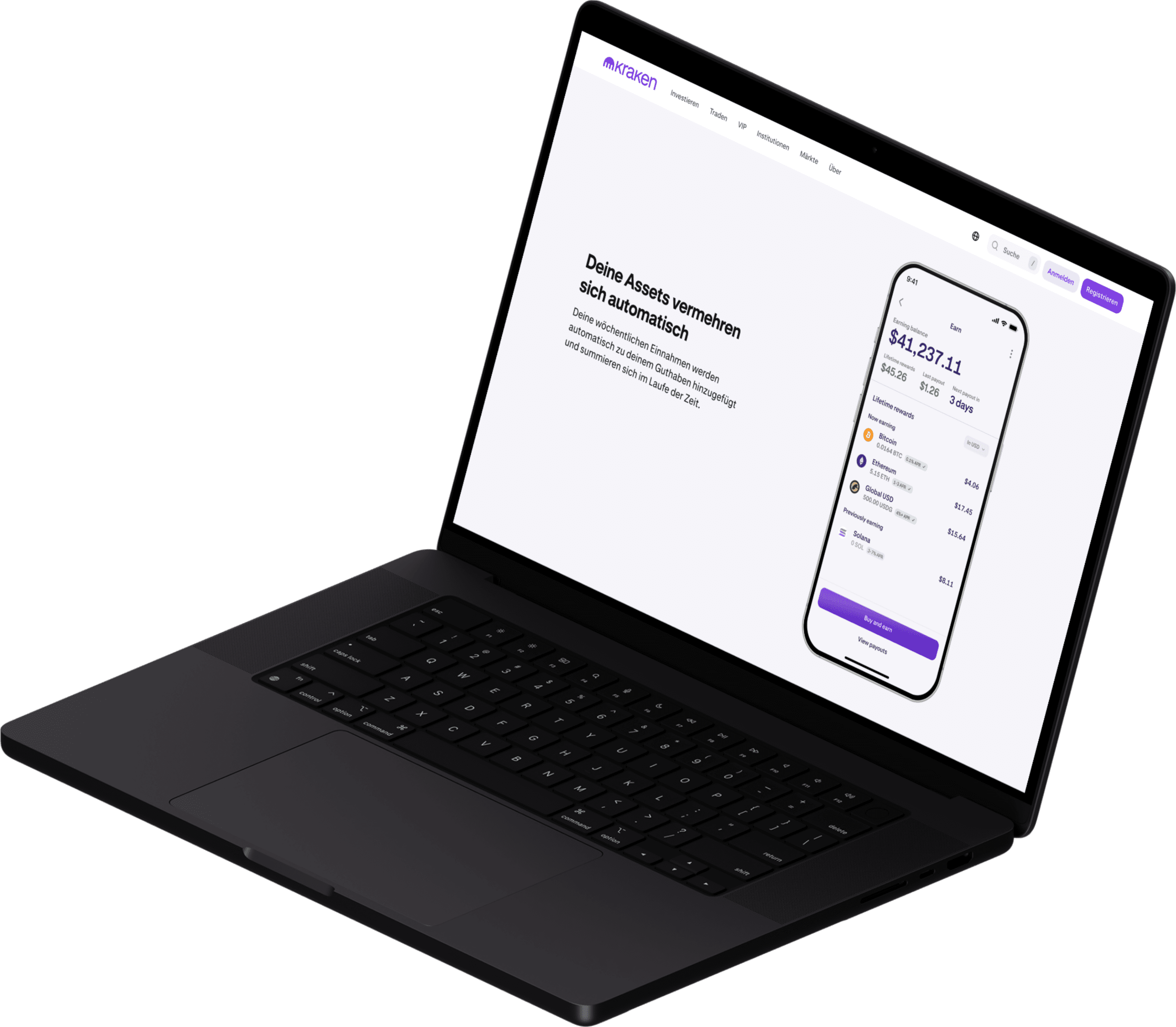 Laptop mit der Kraken Plattform zur Anzeige von Krypto Earn Funktionen und automatischen Einnahmen aus Kryptowährungen