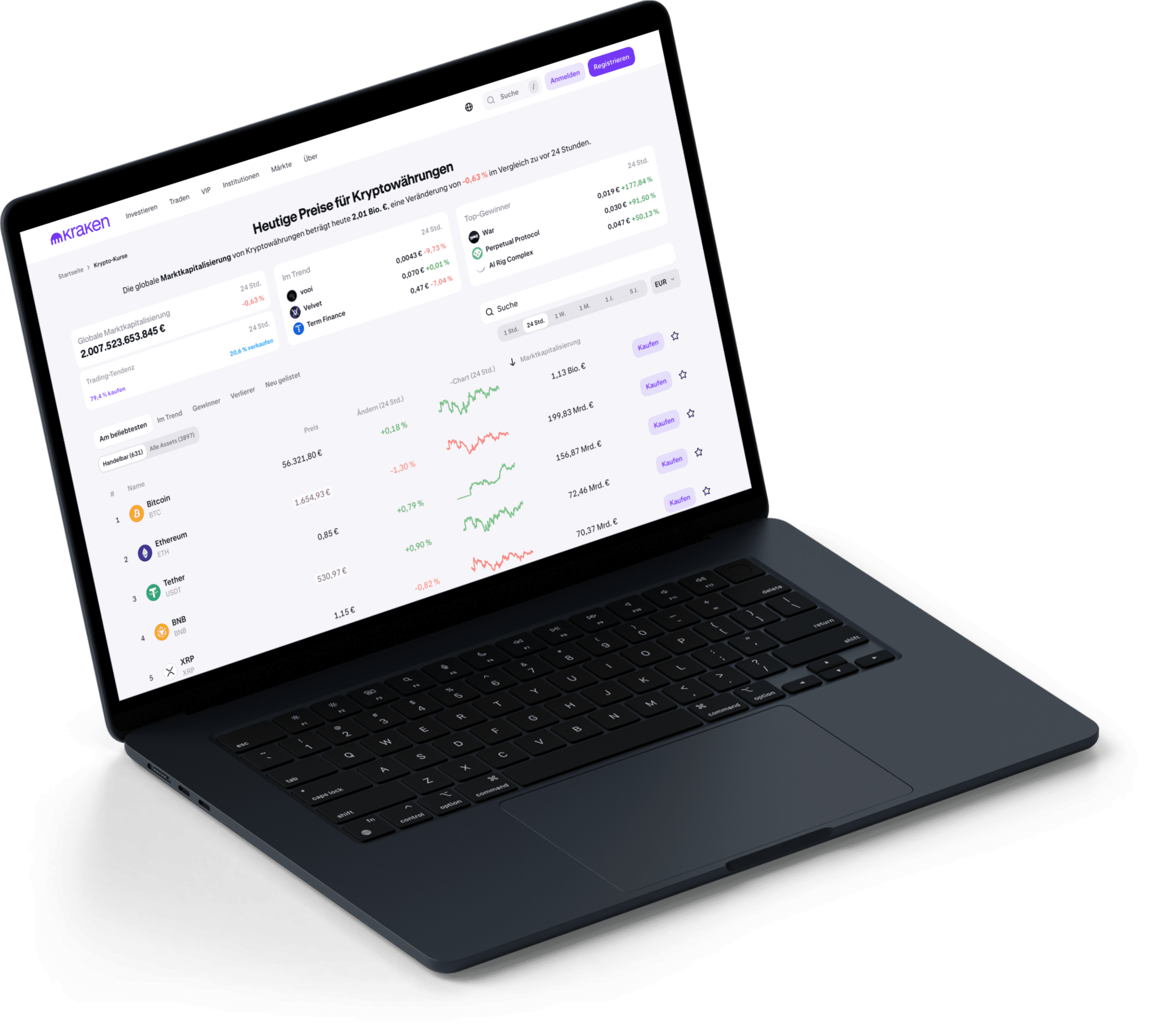 Laptop mit der Kraken Plattform zur Anzeige von Kryptowährungen Preisen und Trading Marktübersicht