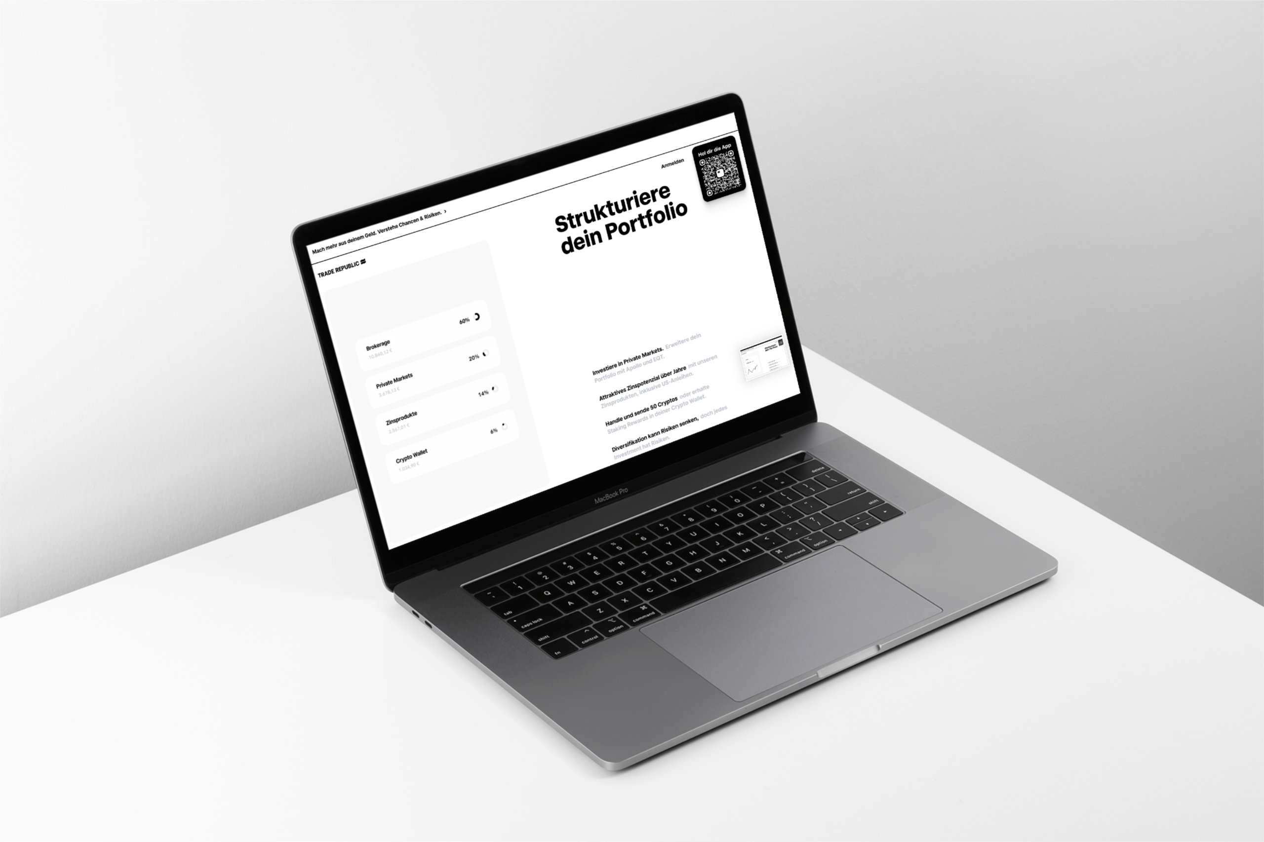 Trade Republic Plattform in Deutschland mit Übersicht des Anlageportfolios und Asset-Verteilung